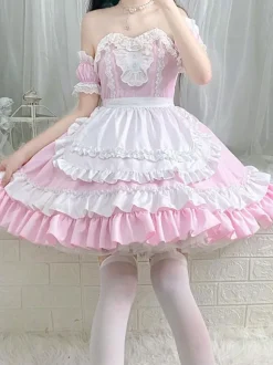 Sweet Lolita Dress Polyester Short Sleeves Ruffles Dress