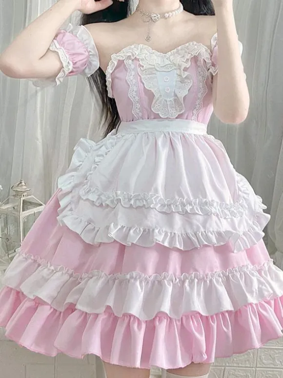 Sweet Lolita Dress Polyester Short Sleeves Ruffles Dress