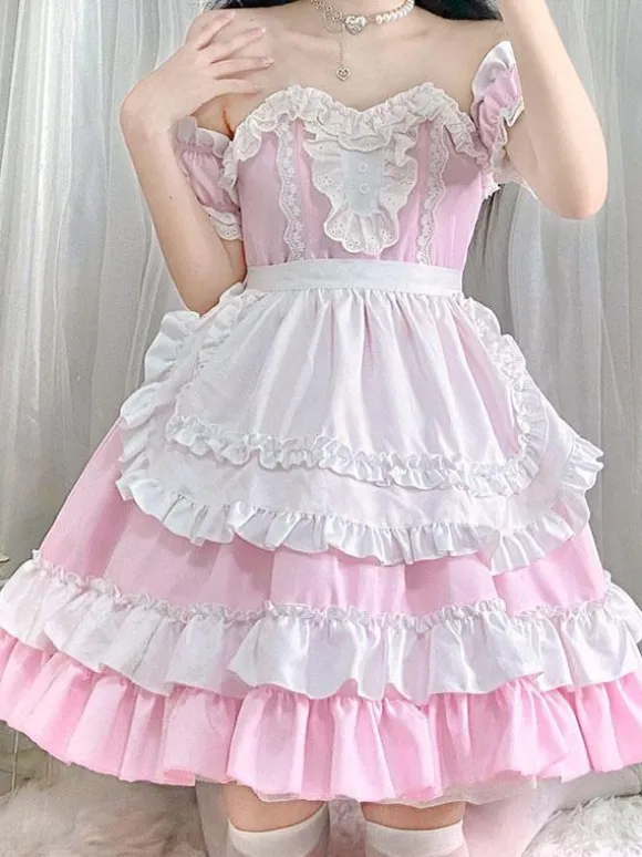 Sweet Lolita Dress Polyester Short Sleeves Ruffles Dress