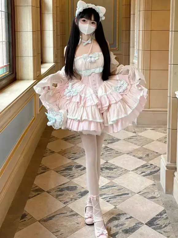 Sweet Lolita Dress Polyester Sleeveless Multi-layer Ruffle Bowknot Sweet Ballet Lolita Jsk