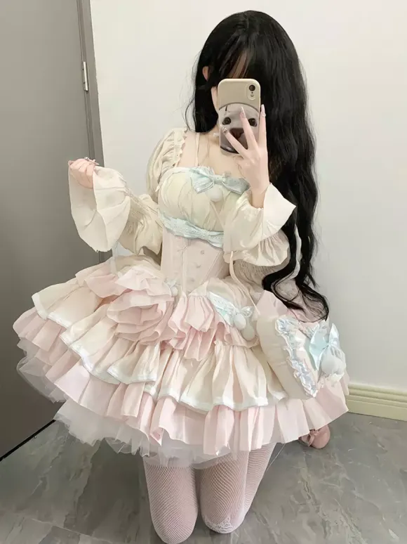 Sweet Lolita Dress Polyester Sleeveless Multi-layer Ruffle Bowknot Sweet Ballet Lolita Jsk