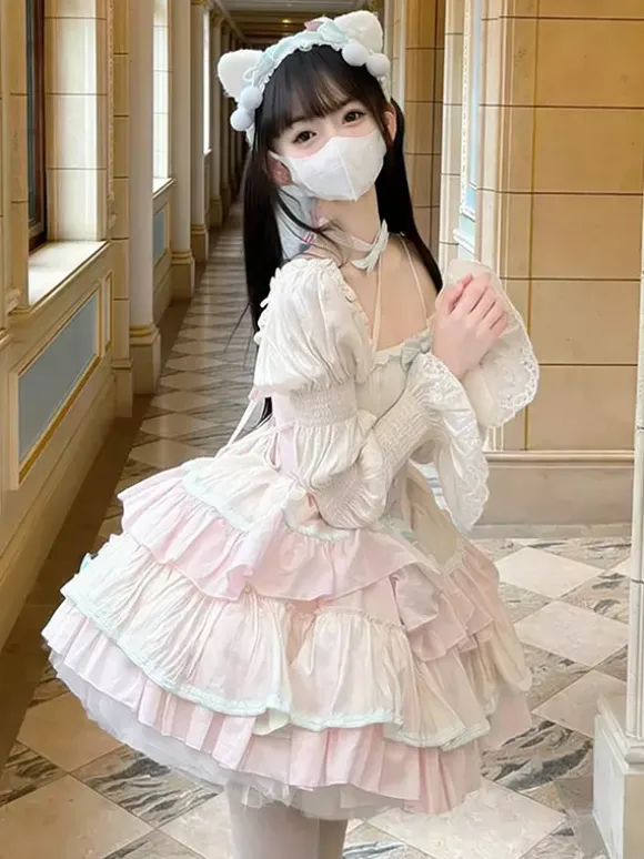 Sweet Lolita Dress Polyester Sleeveless Multi-layer Ruffle Bowknot Sweet Ballet Lolita Jsk