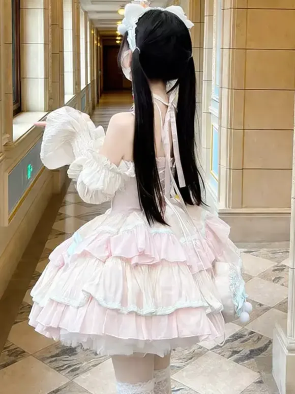 Sweet Lolita Dress Polyester Sleeveless Multi-layer Ruffle Bowknot Sweet Ballet Lolita Jsk