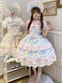 Sweet Lolita Dress Polyester Sleeveless Bows Hat Pink Lolita Dress