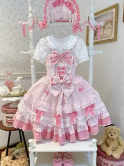 Sweet Lolita Dress Polyester Sleeveless Bows Hat Pink Lolita Dress