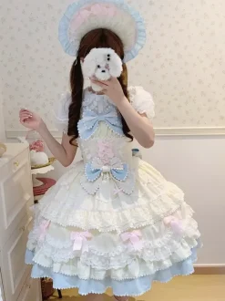Sweet Lolita Dress Polyester Sleeveless Bows Hat Pink Lolita Dress
