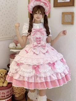 Sweet Lolita Dress Polyester Sleeveless Bows Hat Pink Lolita Dress