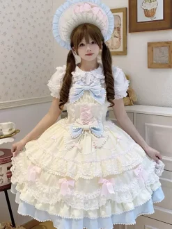 Sweet Lolita Dress Polyester Sleeveless Bows Hat Pink Lolita Dress