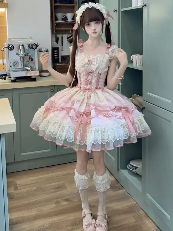 Sweet Lolita Dress Polyester Sleeveless Bows Sweet Jumper Skirt Pink Lolita Dress