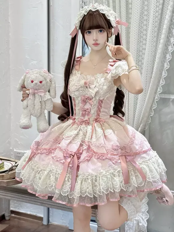 Sweet Lolita Dress Polyester Sleeveless Bows Sweet Jumper Skirt Pink Lolita Dress