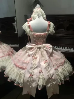 Sweet Lolita Dress Polyester Sleeveless Bows Sweet Jumper Skirt Pink Lolita Dress