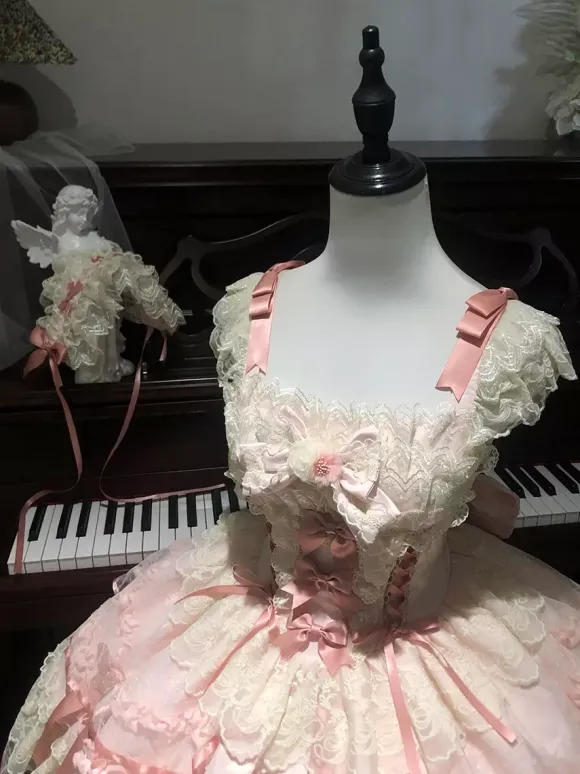 Sweet Lolita Dress Polyester Sleeveless Bows Sweet Jumper Skirt Pink Lolita Dress