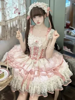 Sweet Lolita Dress Polyester Sleeveless Bows Sweet Jumper Skirt Pink Lolita Dress