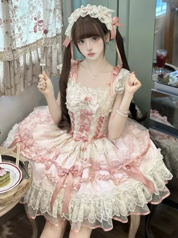 Sweet Lolita Dress Polyester Sleeveless Bows Sweet Jumper Skirt Pink Lolita Dress