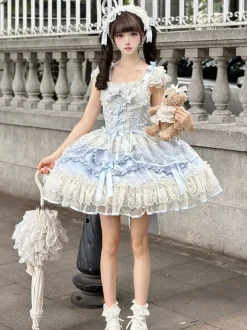 Sweet Lolita Dress Polyester Sleeveless Bows Sweet Jumper Skirt Pink Lolita Dress
