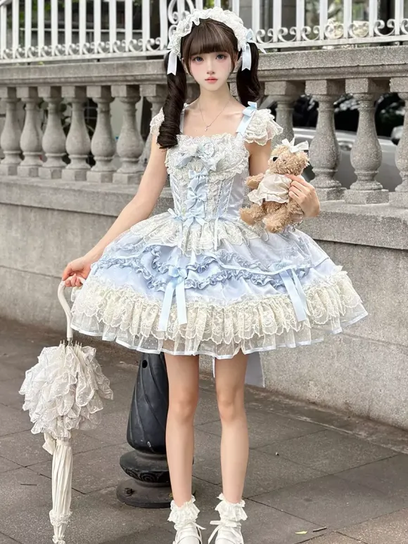 Sweet Lolita Dress Polyester Sleeveless Bows Sweet Jumper Skirt Pink Lolita Dress