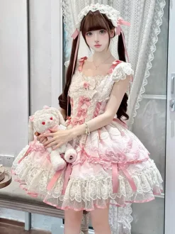 Sweet Lolita Dress Polyester Sleeveless Bows Sweet Jumper Skirt Pink Lolita Dress