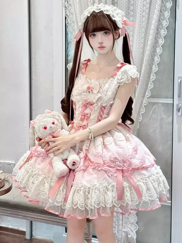 Sweet Lolita Dress Polyester Sleeveless Bows Sweet Jumper Skirt Pink Lolita Dress