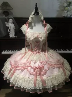 Sweet Lolita Dress Polyester Sleeveless Bows Sweet Jumper Skirt Pink Lolita Dress