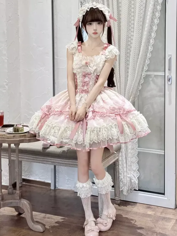 Sweet Lolita Dress Polyester Sleeveless Bows Sweet Jumper Skirt Pink Lolita Dress