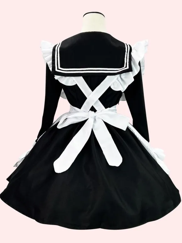 Sweet Lolita Dress Polyester Long Sleeves Ruffles Navy Style Dress