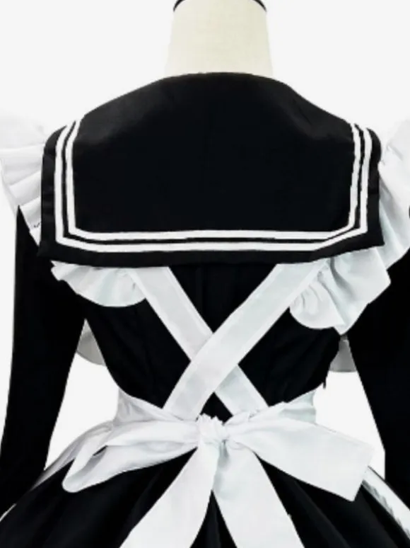 Sweet Lolita Dress Polyester Long Sleeves Ruffles Navy Style Dress