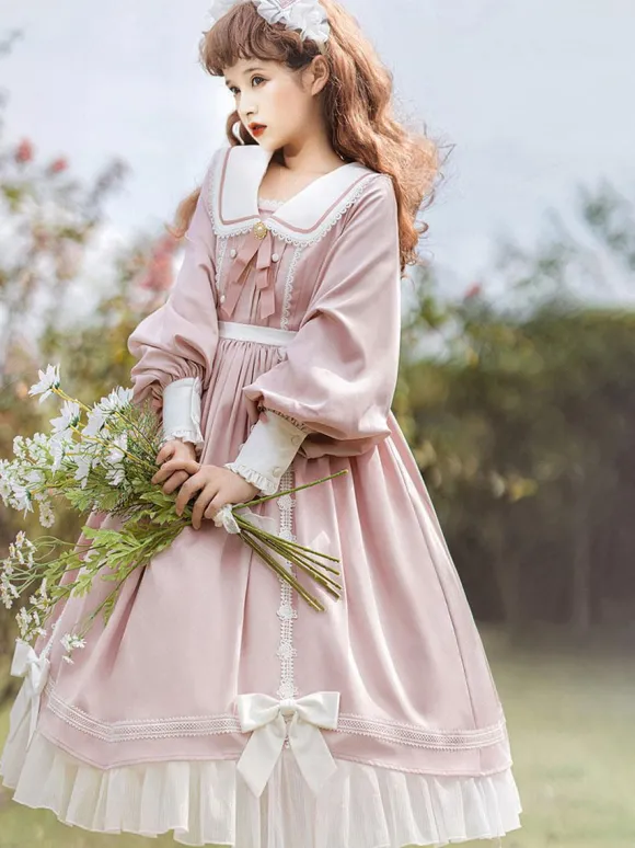 Sweet Lolita Dress Polyester Long Sleeves Ruffles Lace Bows Pink Sweet Lolita One Piece Dress