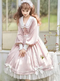 Sweet Lolita Dress Polyester Long Sleeves Ruffles Lace Bows Pink Sweet Lolita One Piece Dress