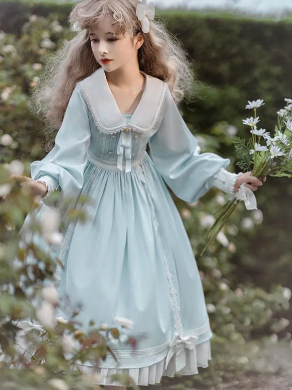 Sweet Lolita Dress Polyester Long Sleeves Ruffles Lace Bows Pink Sweet Lolita One Piece Dress