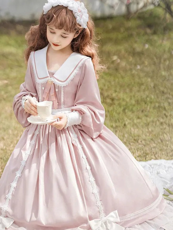 Sweet Lolita Dress Polyester Long Sleeves Ruffles Lace Bows Pink Sweet Lolita One Piece Dress