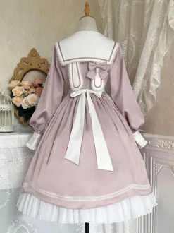 Sweet Lolita Dress Polyester Long Sleeves Ruffles Lace Bows Pink Sweet Lolita One Piece Dress