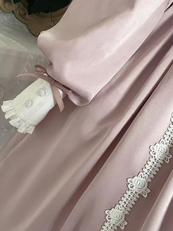 Sweet Lolita Dress Polyester Long Sleeves Ruffles Lace Bows Pink Sweet Lolita One Piece Dress