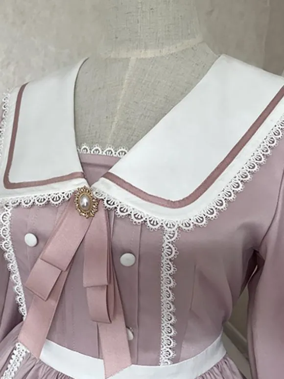 Sweet Lolita Dress Polyester Long Sleeves Ruffles Lace Bows Pink Sweet Lolita One Piece Dress