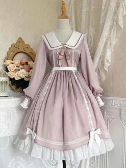 Sweet Lolita Dress Polyester Long Sleeves Ruffles Lace Bows Pink Sweet Lolita One Piece Dress