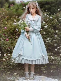Sweet Lolita Dress Polyester Long Sleeves Ruffles Lace Bows Pink Sweet Lolita One Piece Dress