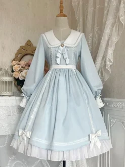 Sweet Lolita Dress Polyester Long Sleeves Ruffles Lace Bows Pink Sweet Lolita One Piece Dress
