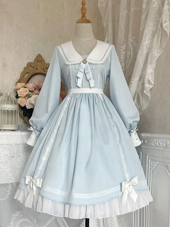 Sweet Lolita Dress Polyester Long Sleeves Ruffles Lace Bows Pink Sweet Lolita One Piece Dress