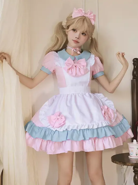 Sweet Lolita Dress Polyester Short Sleeves Ruffles Pink Lolita Dress