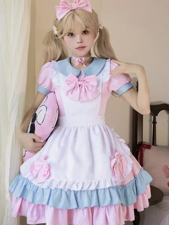 Sweet Lolita Dress Polyester Short Sleeves Ruffles Pink Lolita Dress