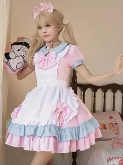 Sweet Lolita Dress Polyester Short Sleeves Ruffles Pink Lolita Dress