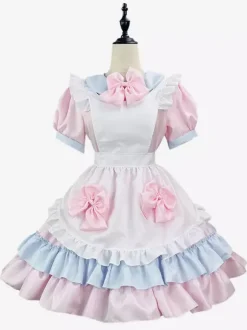 Sweet Lolita Dress Polyester Short Sleeves Ruffles Pink Lolita Dress