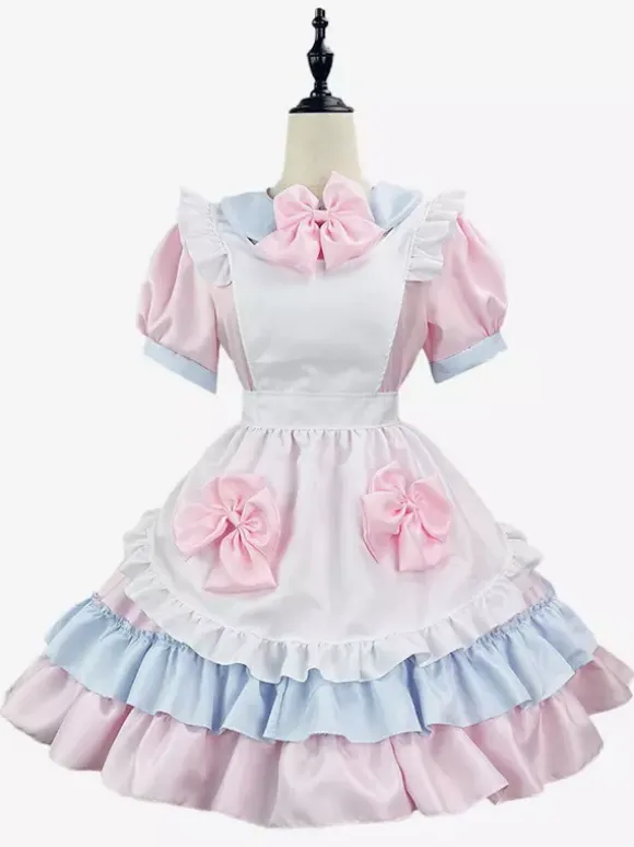 Sweet Lolita Dress Polyester Short Sleeves Ruffles Pink Lolita Dress
