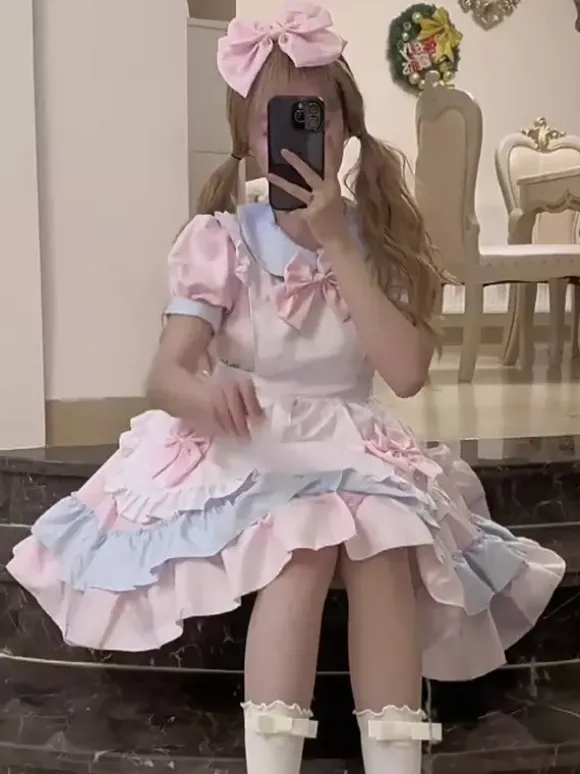 Sweet Lolita Dress Polyester Short Sleeves Ruffles Pink Lolita Dress