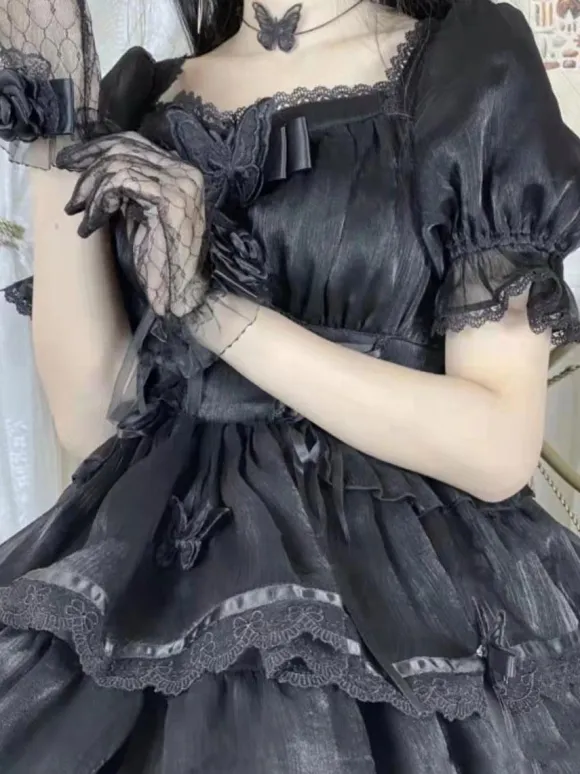 Sweet Lolita Dress Polyester Short Puff Sleeves Dress