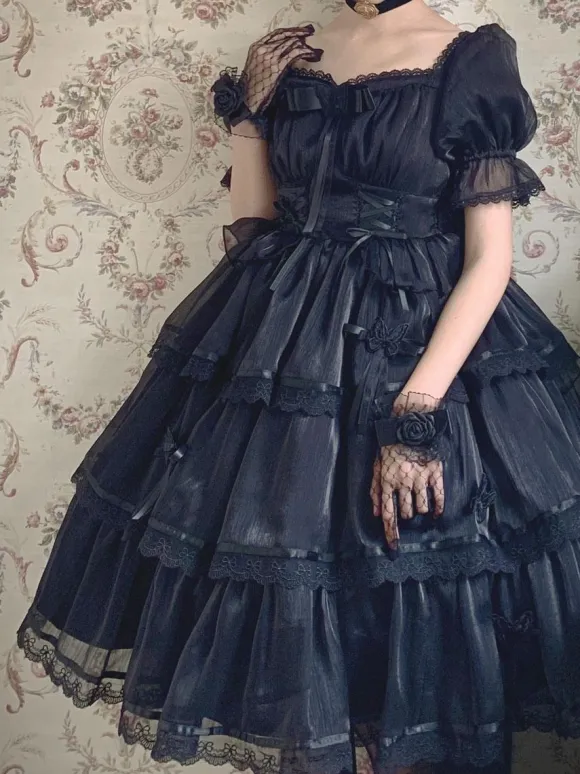 Sweet Lolita Dress Polyester Short Puff Sleeves Dress