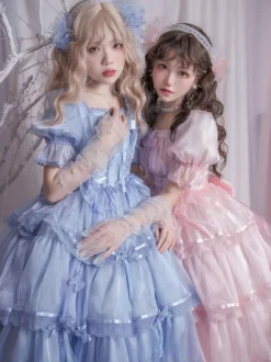 Sweet Lolita Dress Polyester Short Puff Sleeves Dress