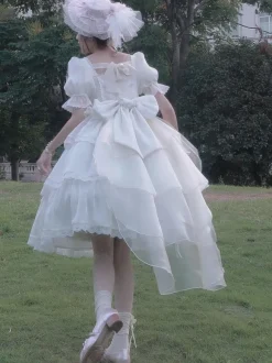 Sweet Lolita Dress Polyester Short Puff Sleeves Dress
