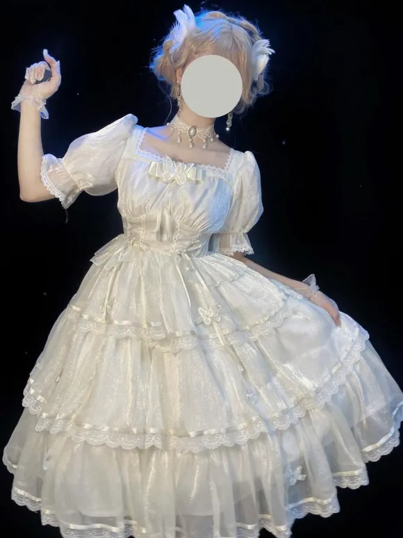 Sweet Lolita Dress Polyester Short Puff Sleeves Dress