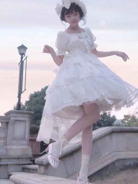 Sweet Lolita Dress Polyester Short Puff Sleeves Dress