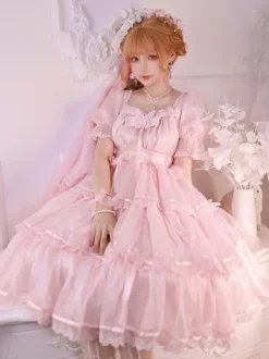 Sweet Lolita Dress Polyester Short Puff Sleeves Dress
